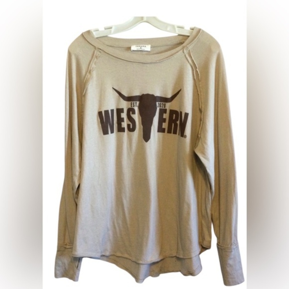 Zenana Tan Western Longhorn Rodeo Farm Ranch Long Sleeve Shirt Size Medium